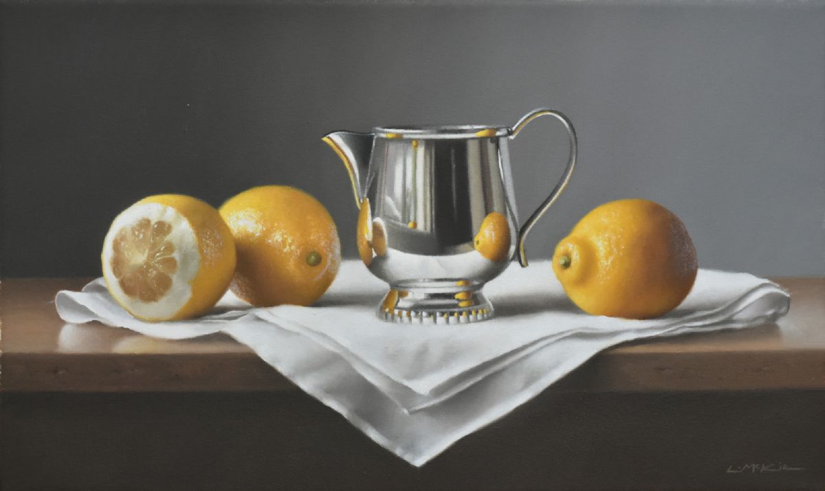 Lemons on Linen with Silver jug