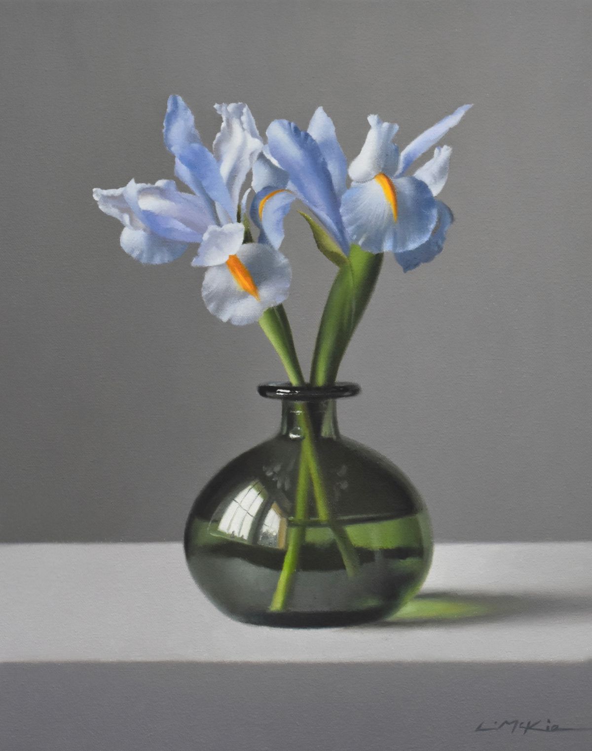 Pale Irises in Glass Bottle