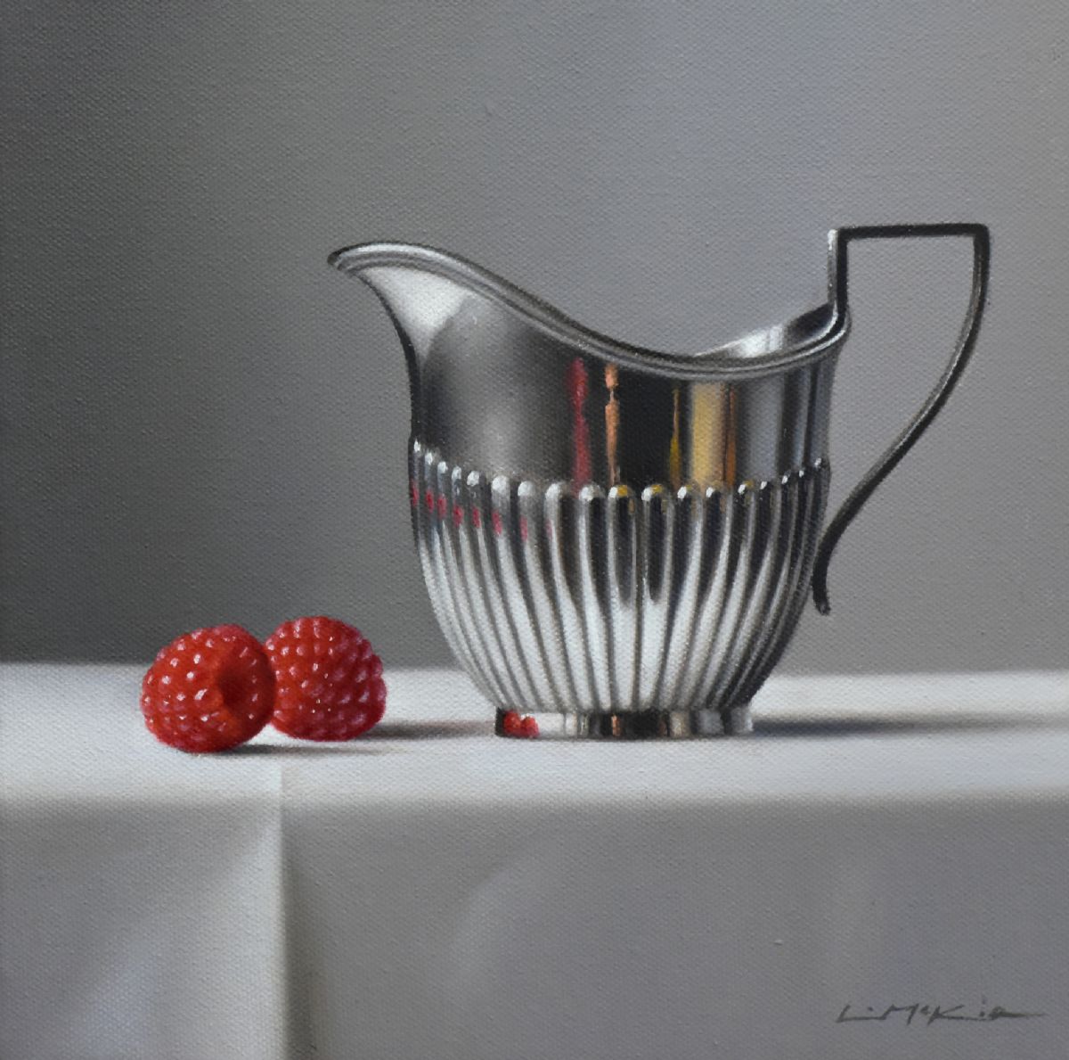 Two raspberries with Silver Jug