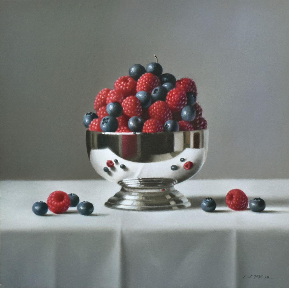 Raspberries and Blueberries in Silver Bowl
