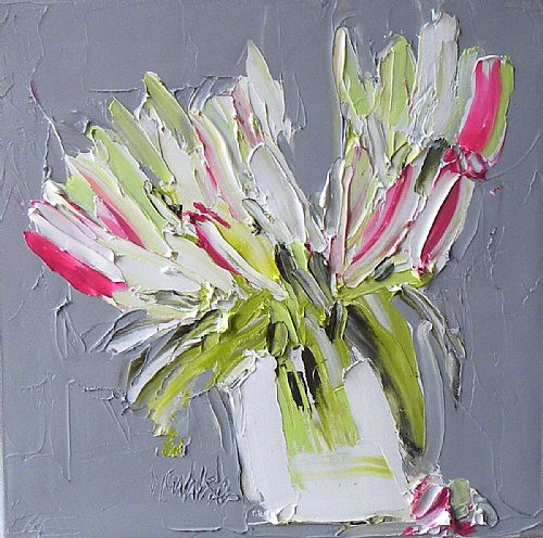 White and Cerise Lilies against Slate Grey